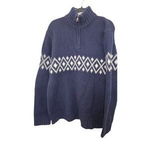 Gap Navy Blue Fair Isle 1/4 Zip 100%Lambswool Old Money Granp Sweater Men's L
